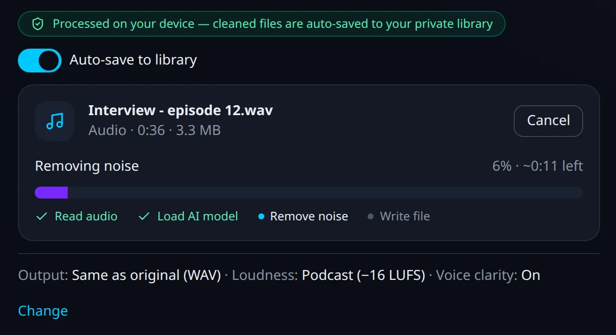 Kleervox File Cleanup cleaning a recording in the browser